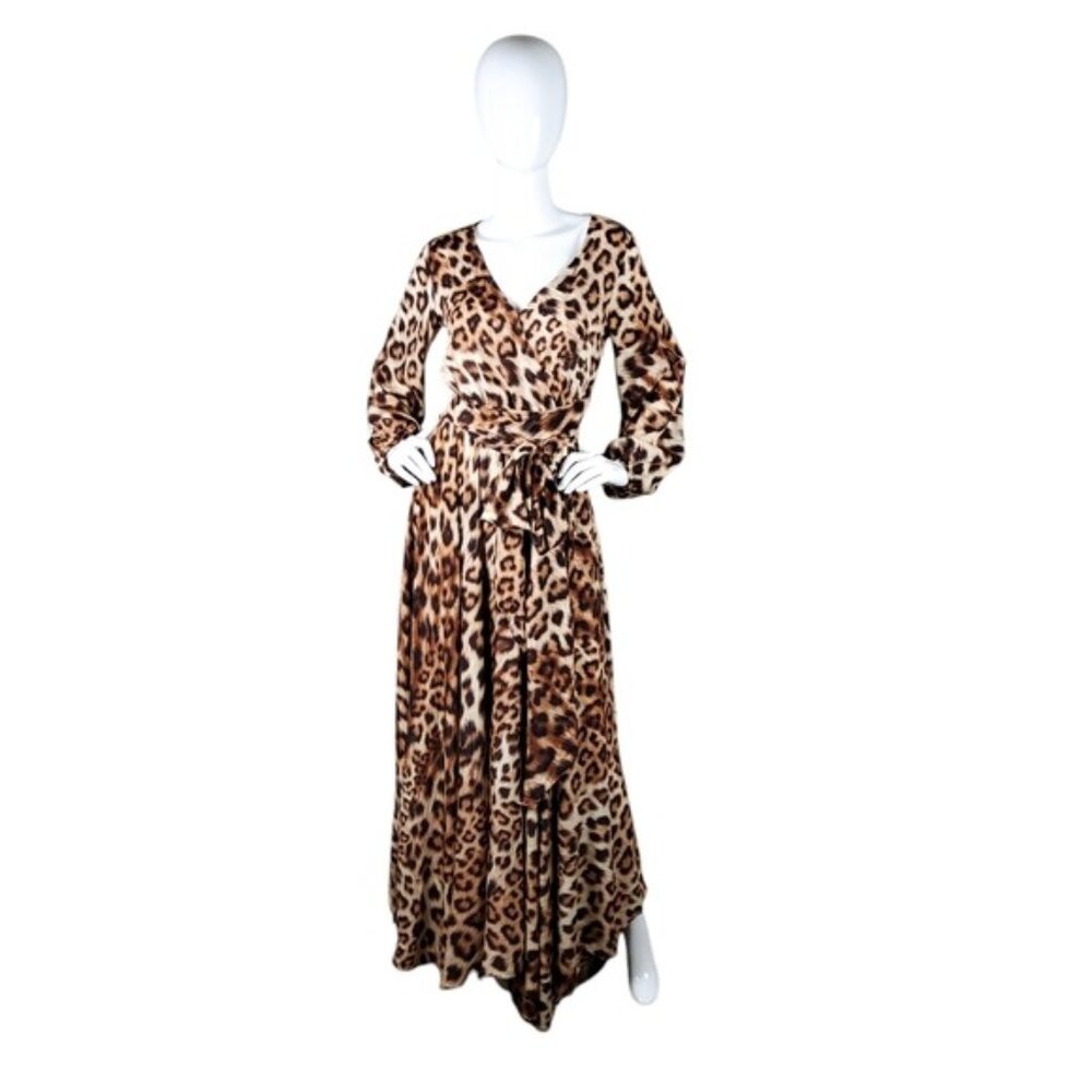 Erika Pena Cheetah Print Surplice Maxi Dress With Sash In Brown XS/S